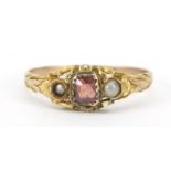 Antique unmarked gold garnet and seed pearl ring with ornate setting, size Q, 1.6g