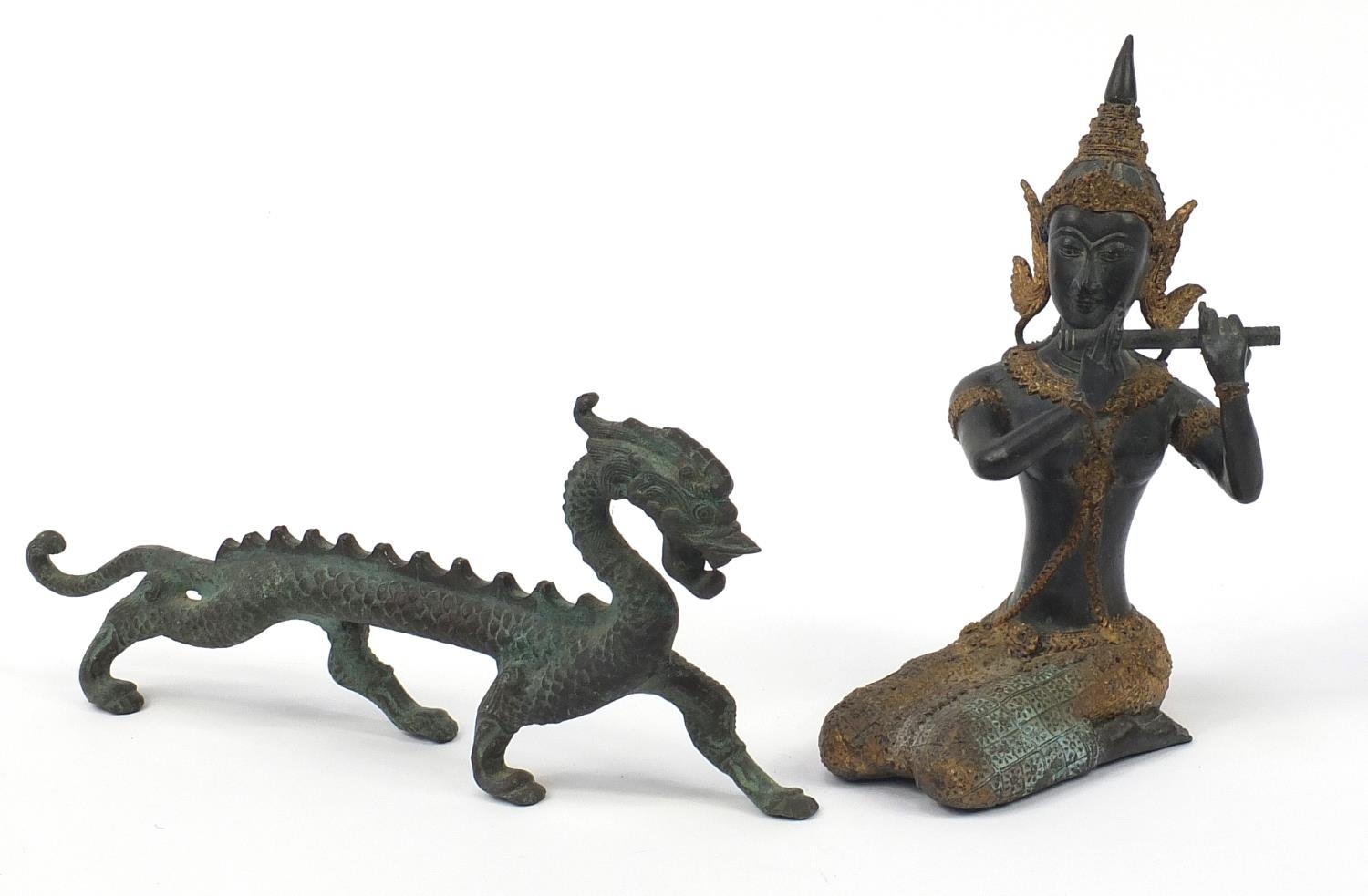 Thai patinated bronze figure of a deity and Chinese dragon