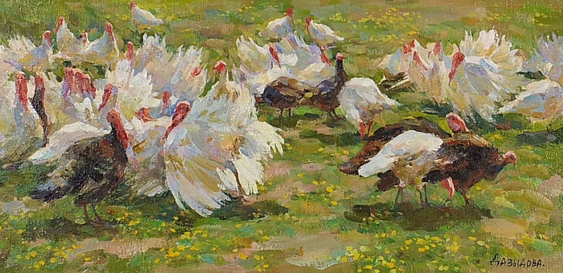 Marina Davidova - Turkeys, signed oil on canvas, inscribed verso, mounted and framed, 49cm x 24cm
