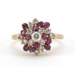 9ct gold ruby and clear stone three tier cluster ring, size P, 4.0g