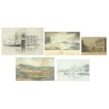 Five antique and later prints including Regent's Quadrant, The Pavilion and a Venetian canal with