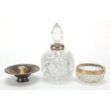 Objects comprising globular cut glass scent bottle with silver collar, cut glass salt with silver