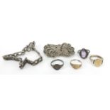 Silver jewellery comprising four rings, marcasite bracelet and marcasite brooch, 51.0g