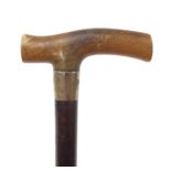 Brigg of London, snakewood walking stick with horn handle and silver collar, 91cm in length