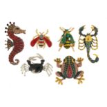 Six jewelled and enamel animal and insect brooches including scorpion and crab, the largest 6cm in
