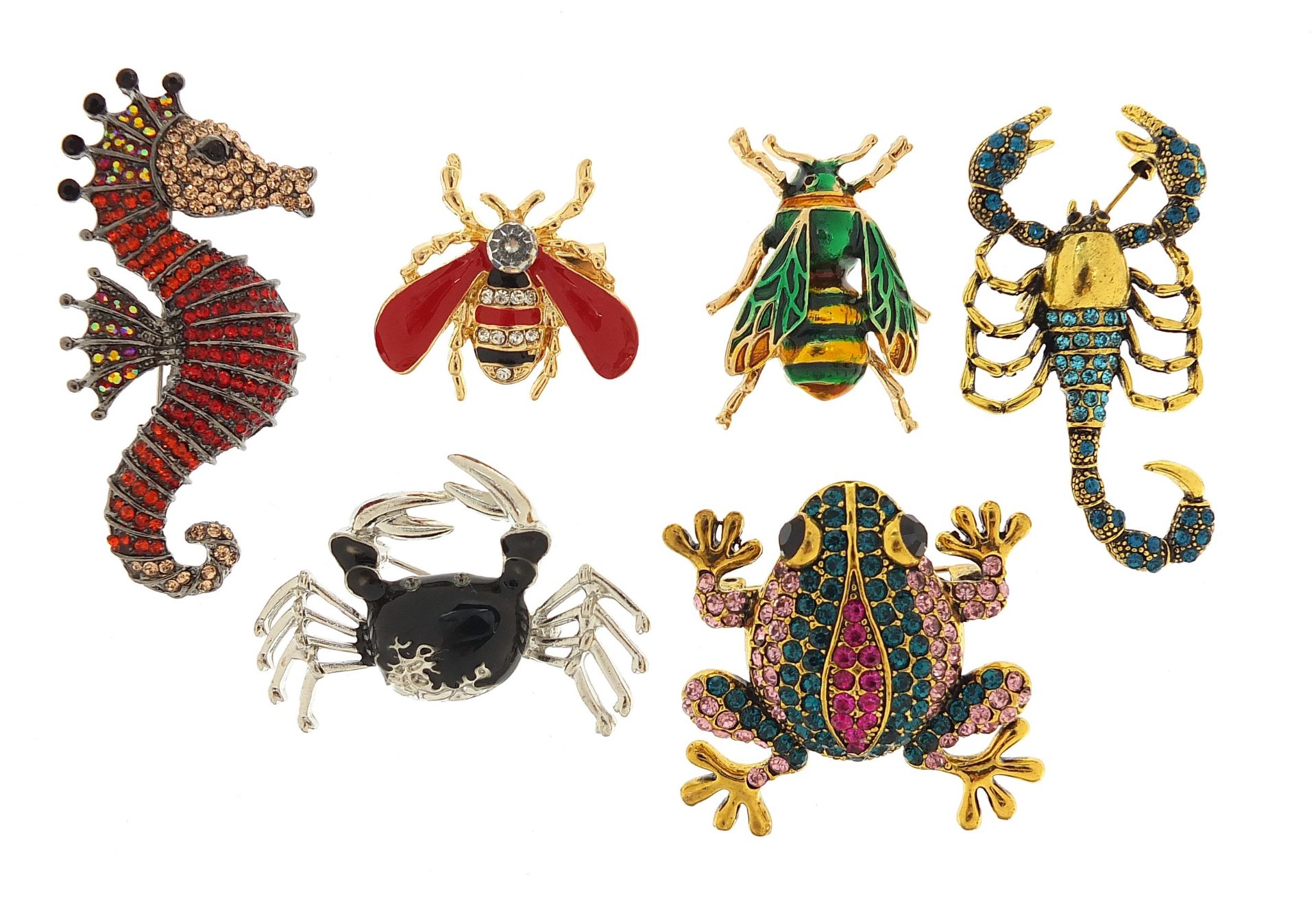 Six jewelled and enamel animal and insect brooches including scorpion and crab, the largest 6cm in