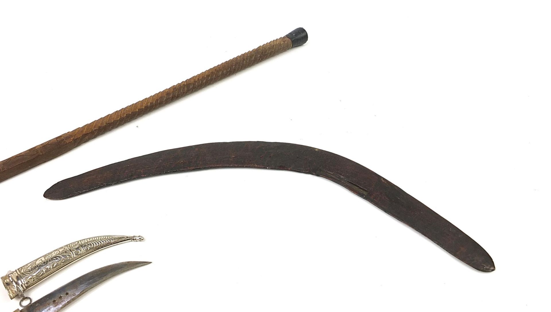 Tribal interest items including an Aboriginal boomerang together with a Middle Eastern dagger, the - Image 7 of 7