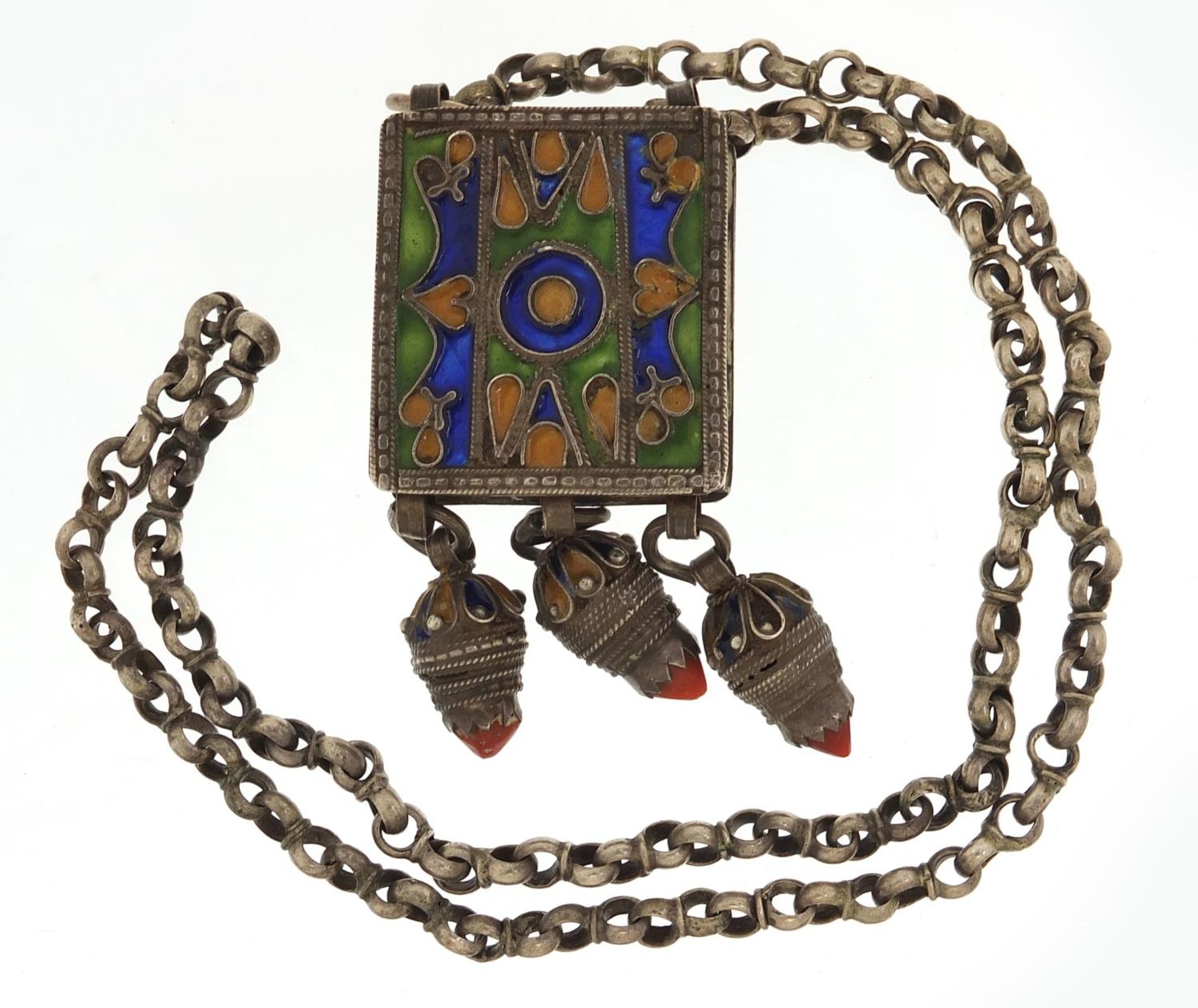 Middle Eastern unmarked silver and enamel necklace, 56cm in length, 89.0g - Image 3 of 3