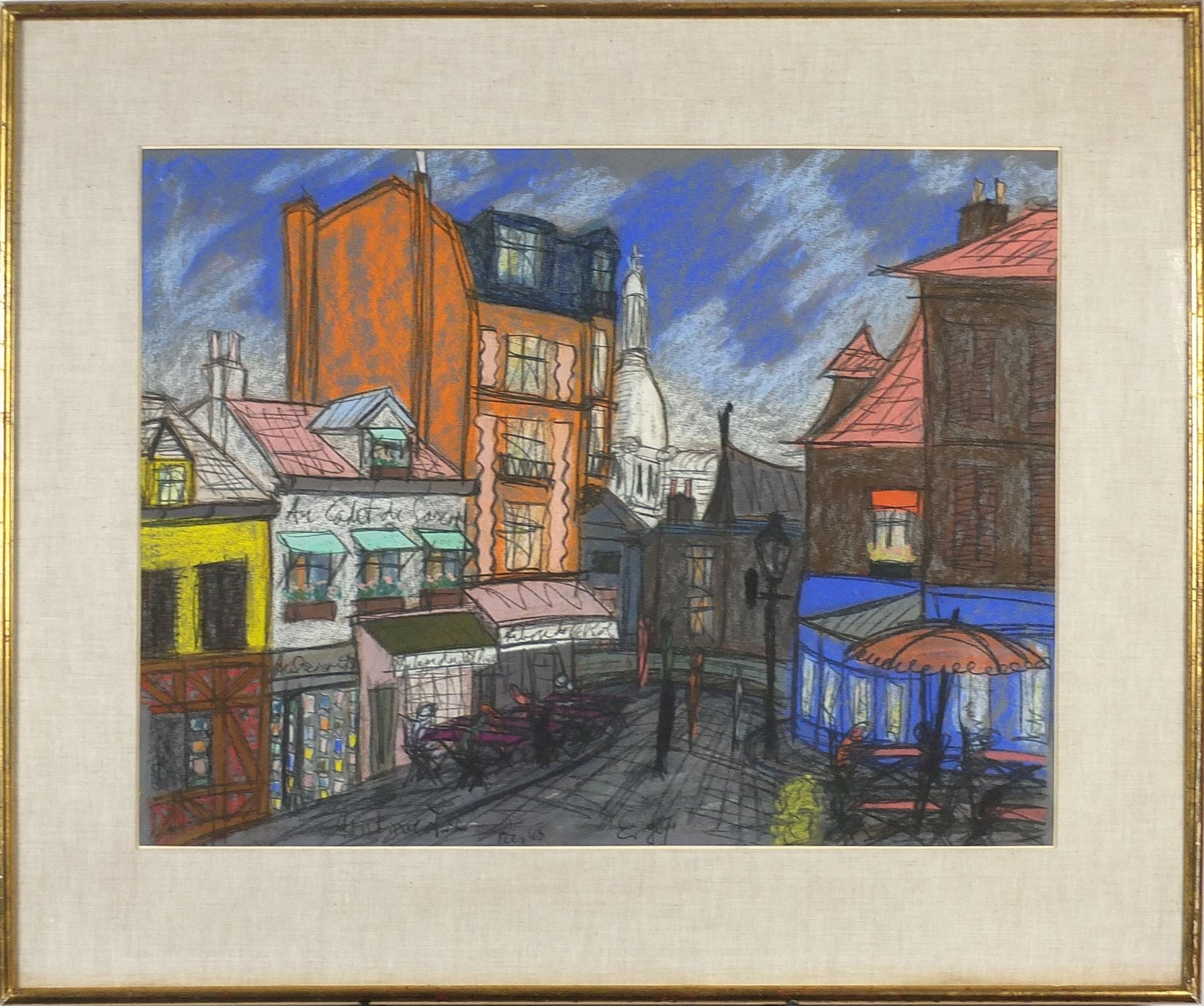 Parisian street scene with figures, pastel, indistinctly inscribed, mounted, framed and glazed, 63cm - Image 2 of 4