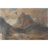 Stream before a mountainous landscape, oil on canvas, unframed, 91.5cm x 61cm