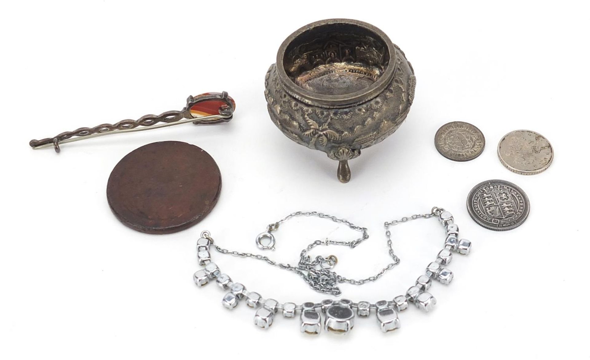 Objects including Indian unmarked silver salt, silver and agate brooch and antique coins - Image 4 of 4