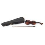 Old wooden violin with bow and protective case, the violin back 36.5cm in length