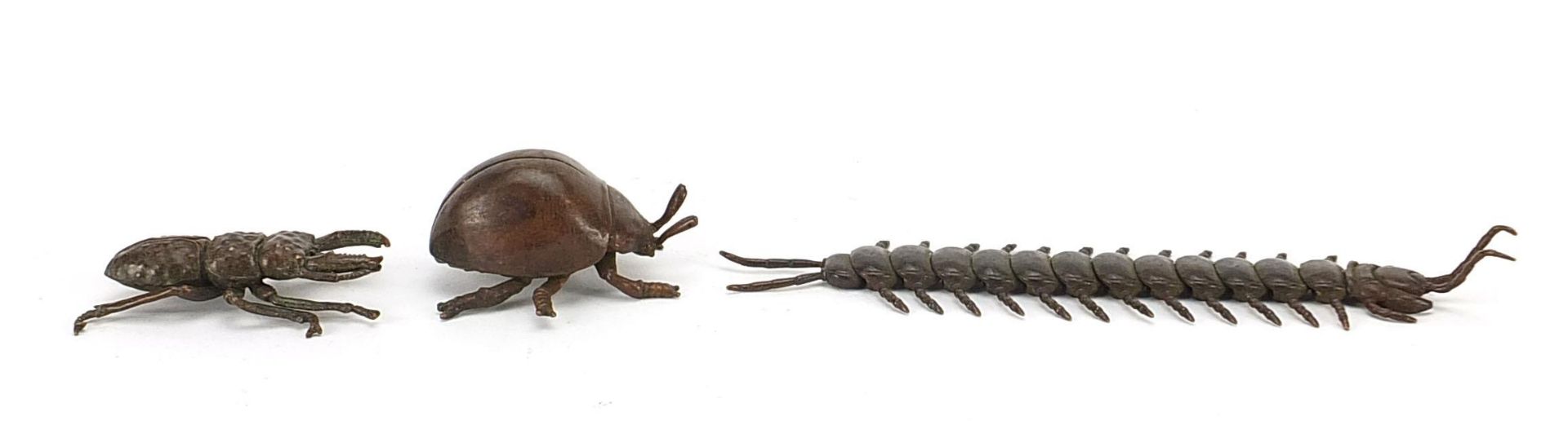 Three Japanese patinated bronze insects comprising centipede with articulated body and two - Image 5 of 9