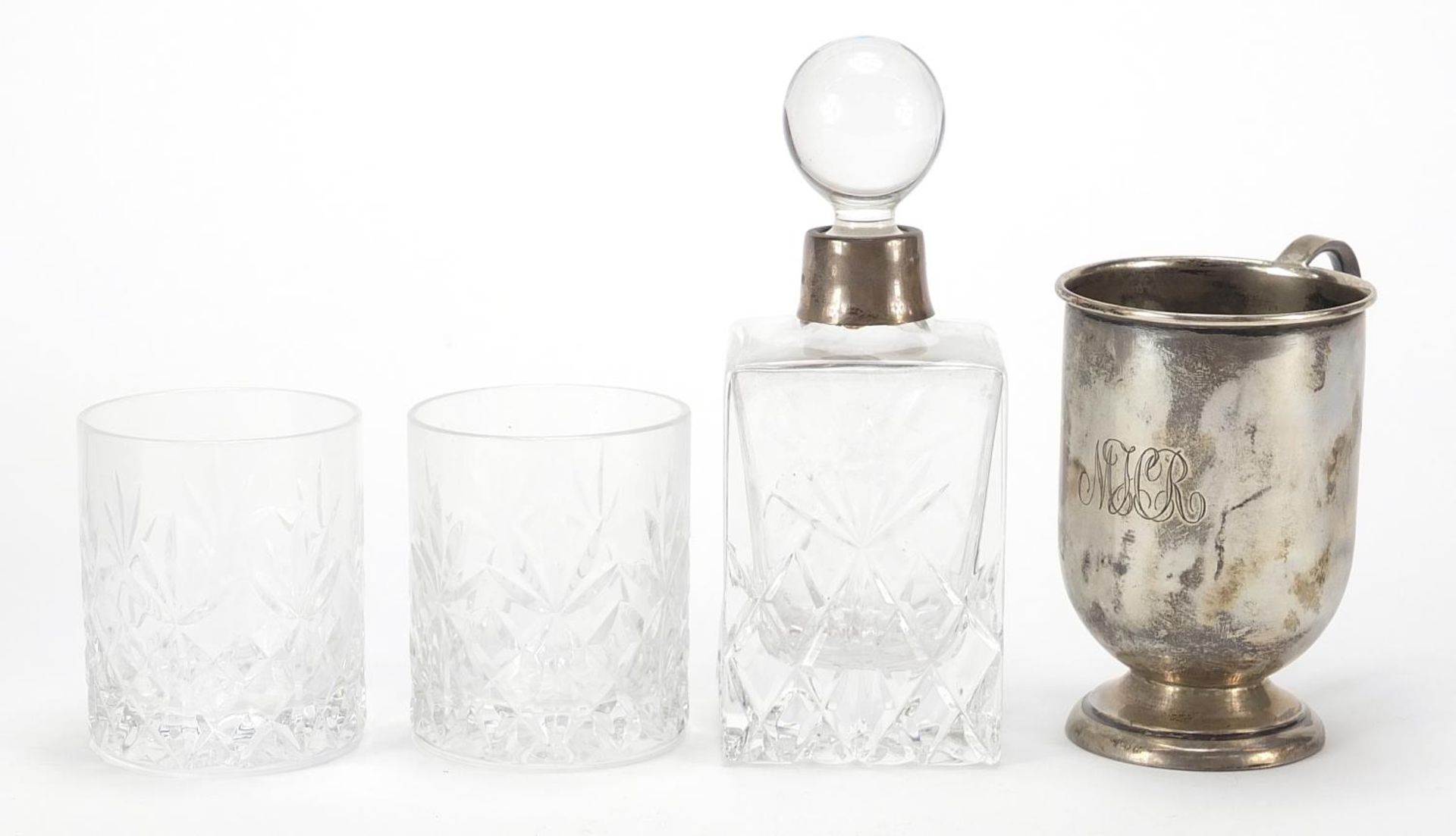 Francis Howard cut glass bottle and two glasses with silver collar and a silver cup, the cup 8.5cm - Image 4 of 6