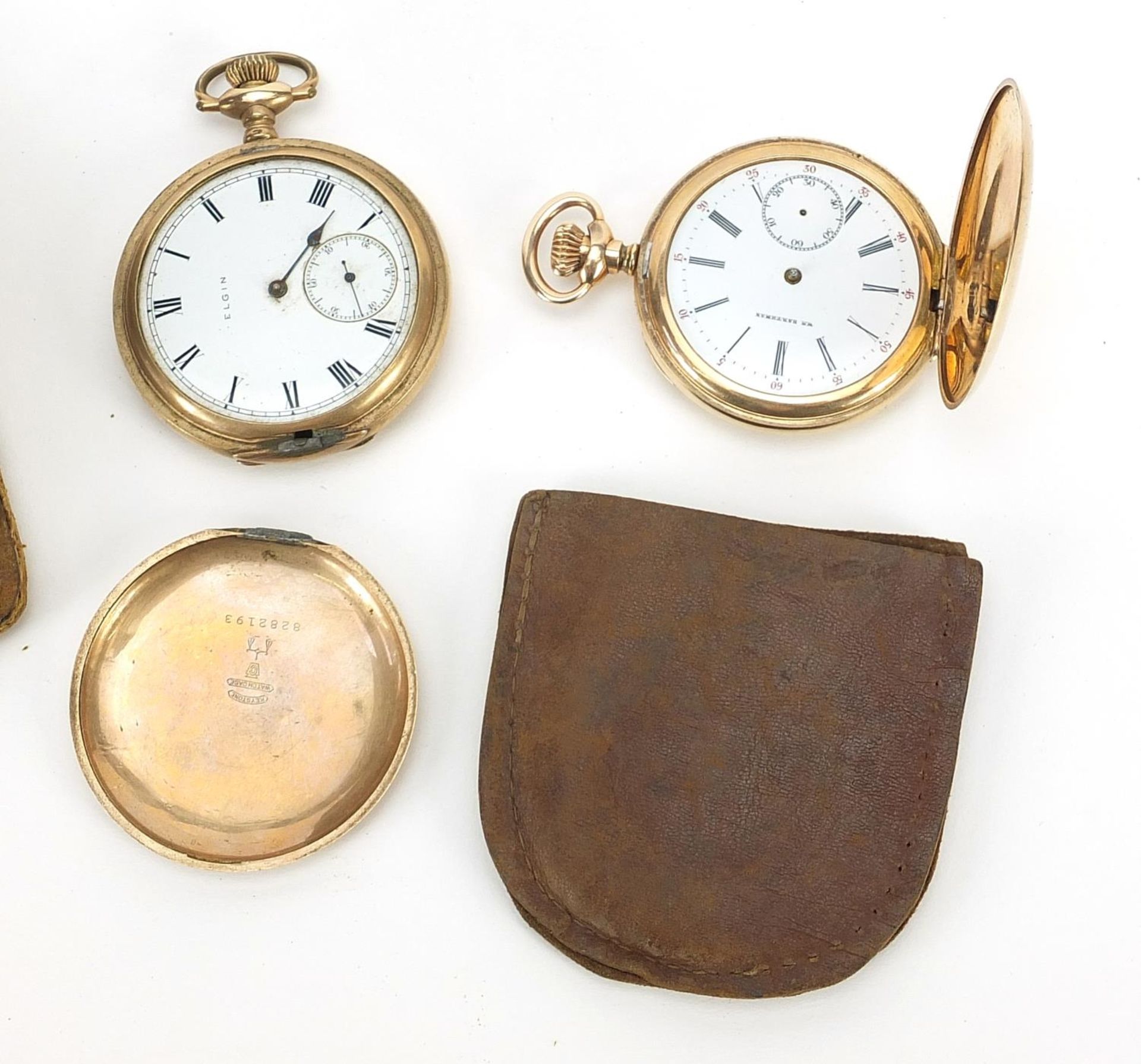 Vintage travel clock and two gold plated full hunter pocket watches comprising Elgin and William - Bild 3 aus 7