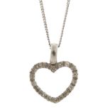 9ct white gold diamond love heart pendant on a 9ct white gold necklace, 1.4cm high and 40cm in