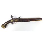 Antique flintlock pistol with brass mounts, the lock plate with engraved GR cypher and inscribed