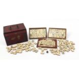 Chinese bone and bamboo Mah-jong set with brass mounted hardwood chest,with booklet by J Jaques &