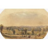 Figure on horseback before fields, watercolour, Albert John Sanders label verso, mounted, framed and