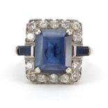 Art Deco 14ct white gold sapphire and diamond ring, the central sapphire approximately 11.5mm x 9.
