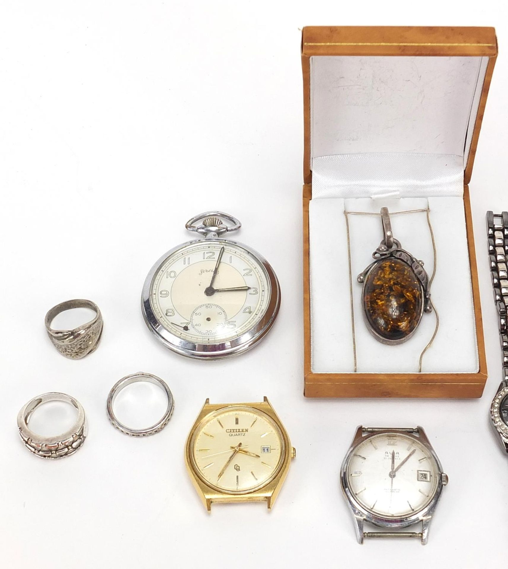 Vintage and later jewellery including silver rings, silver and amber pendant, vintage wristwatches - Image 2 of 4