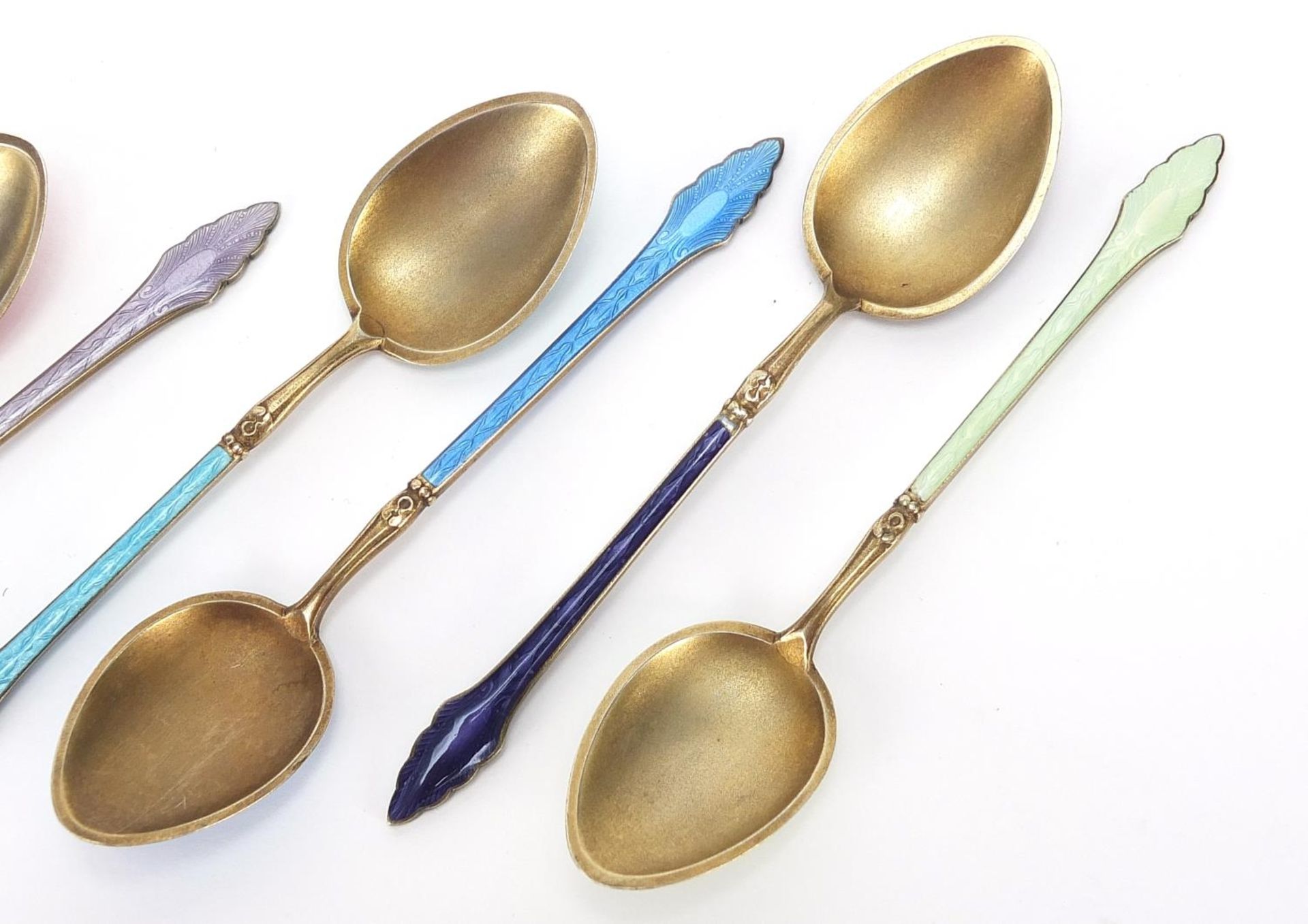 Set of six sterling silver and guilloche enamel teaspoons, 10cm in length, 68.4g - Image 4 of 6