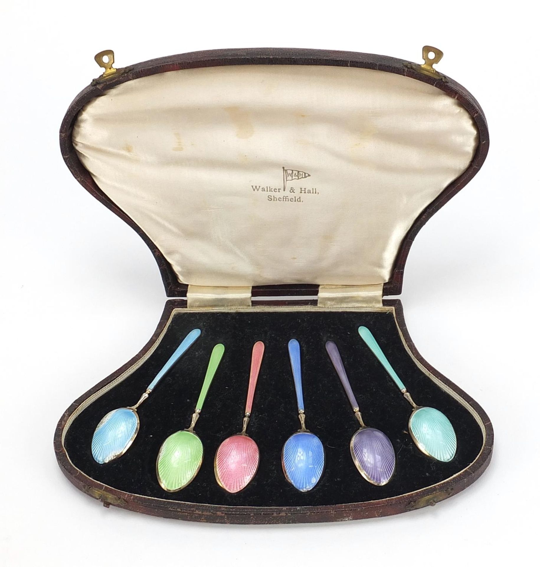 Walker & Hall, set of six silver and guilloche enamel teaspoons housed in a velvet and silk lined