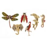Six jewelled and enamel animal and insect brooches including elephant, seahorse and dragonfly the