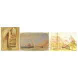 Asian landscape, street scene and coastal scene with boat, three watercolours, mounted, framed and