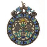 Chinese silver and enamel white jade pendant, 7cm high, 62.8g
