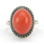 Silver cabochon coral and marcasite ring, size N, 5.7g
