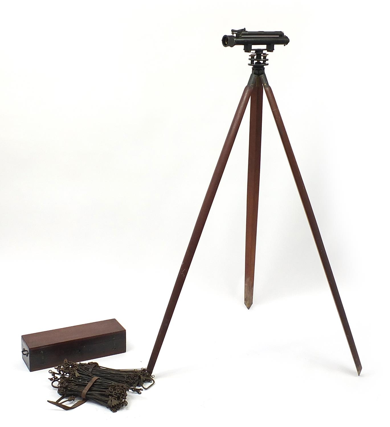 Troughton & Simms of London, Victorian theodolite on stand with mahogany case and accessories, the