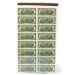 Uncut sheet of sixteen United States of America two dollar bills