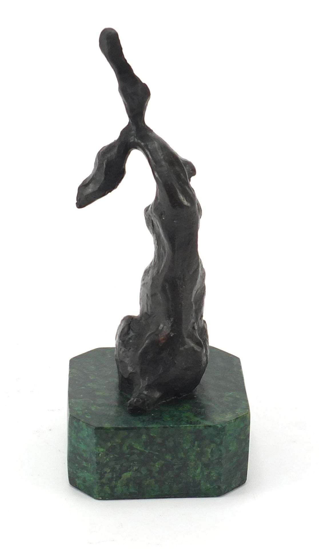 Mid century design patinated bronze sculpture of a seated rabbit raised on a green marbleised - Image 3 of 5