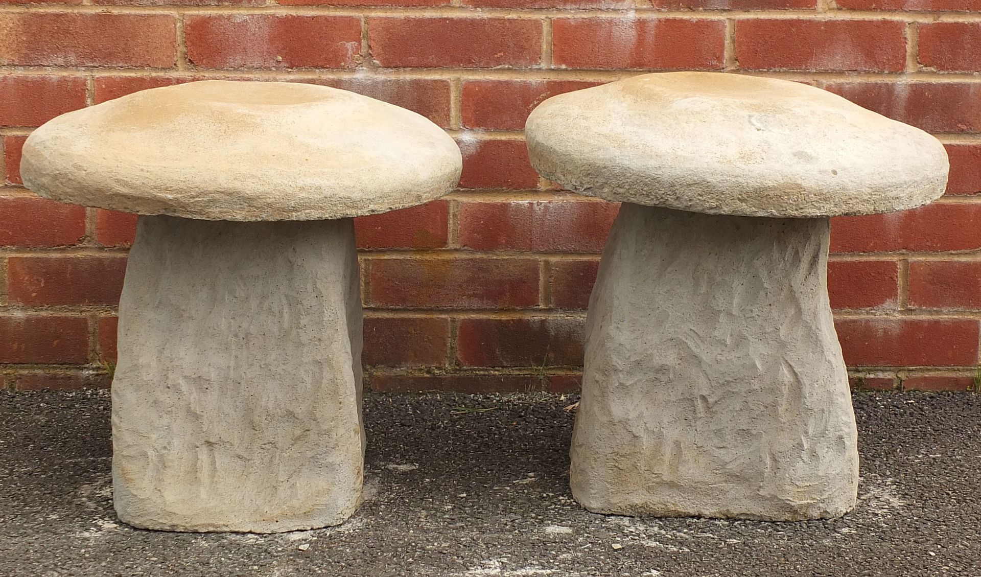 Pair of stoneware garden toadstool seats, 45cm high - Image 3 of 3