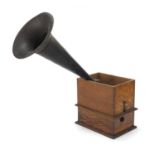 Oak cased phonograph with tin horn, 40cm high