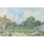 Cottage garden with flowers, Surrey, watercolour, indistinct details verso, mounted, framed and