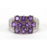 9ct gold amethyst and diamond cluster ring, size P, 3.9g
