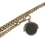 Graduated silver watch chain with T bar and carnelian and bloodstone spinner fob, 30cm in length,