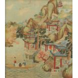 Figures in a boat before pagodas and a landscape, Chinese textile, framed and glazed, 25.5cm x