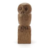 Robert Mouseman Thompson, carved wood sculpture of an owl with mouse, 33.5cm high