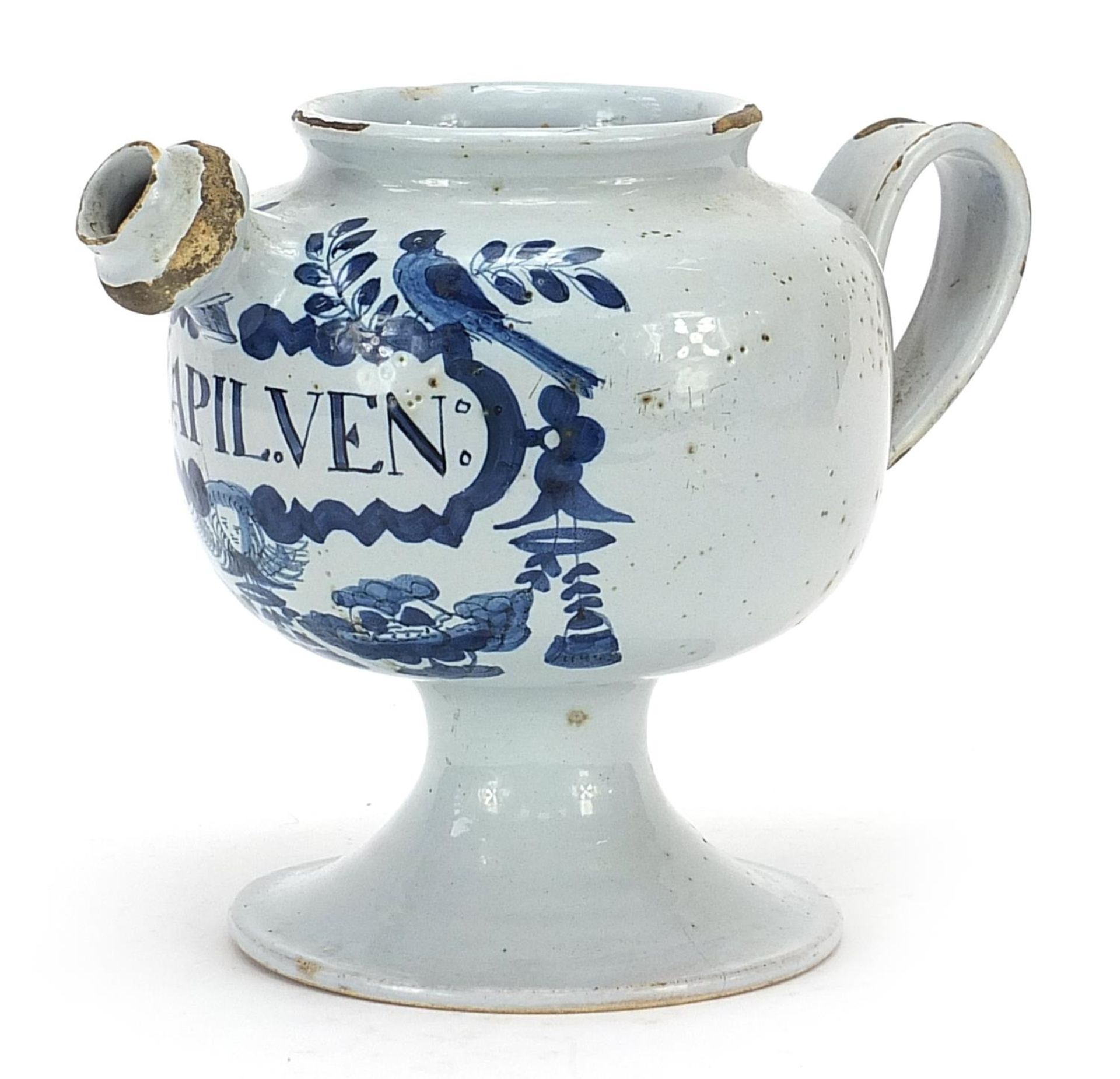 18th century Delft blue and white tin glazed drug jar with handle and spout, 18cm high