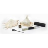 Sundry items including Otis model K calculator, HMS Victory enamel napkin ring and letter opener