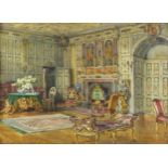 Interior scene with chaise longue and flowers, watercolour bearing initials CGK, framed and