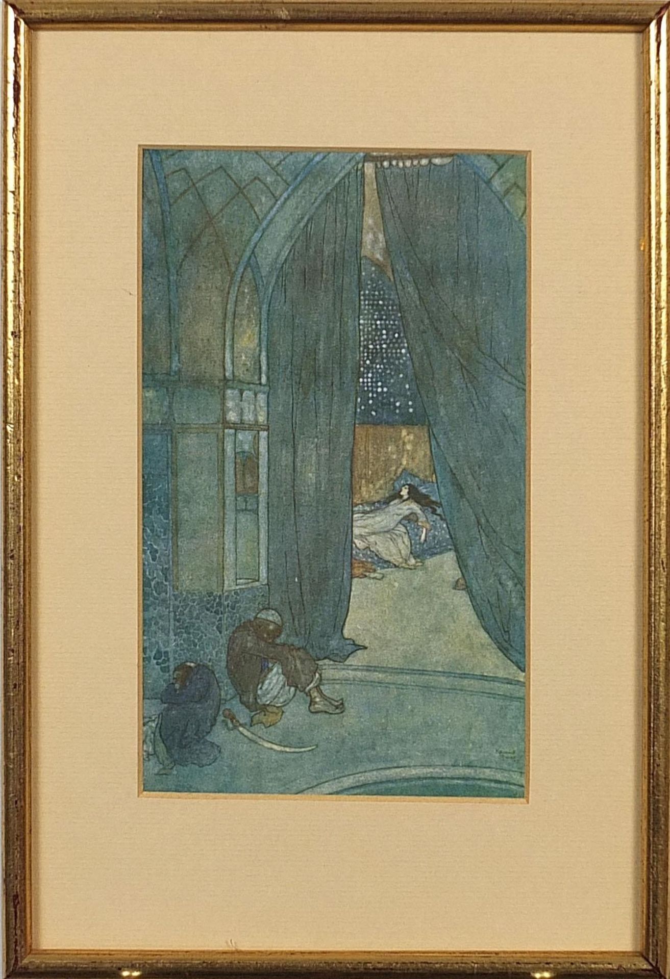 After Edmund Dulac - Seven prints in colour including a mosque and females dancing, mounted, - Bild 11 aus 28