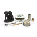 Objects to include an Edwardian tape measure with Queen Alexandra, silver mustard spoon, metal boot,