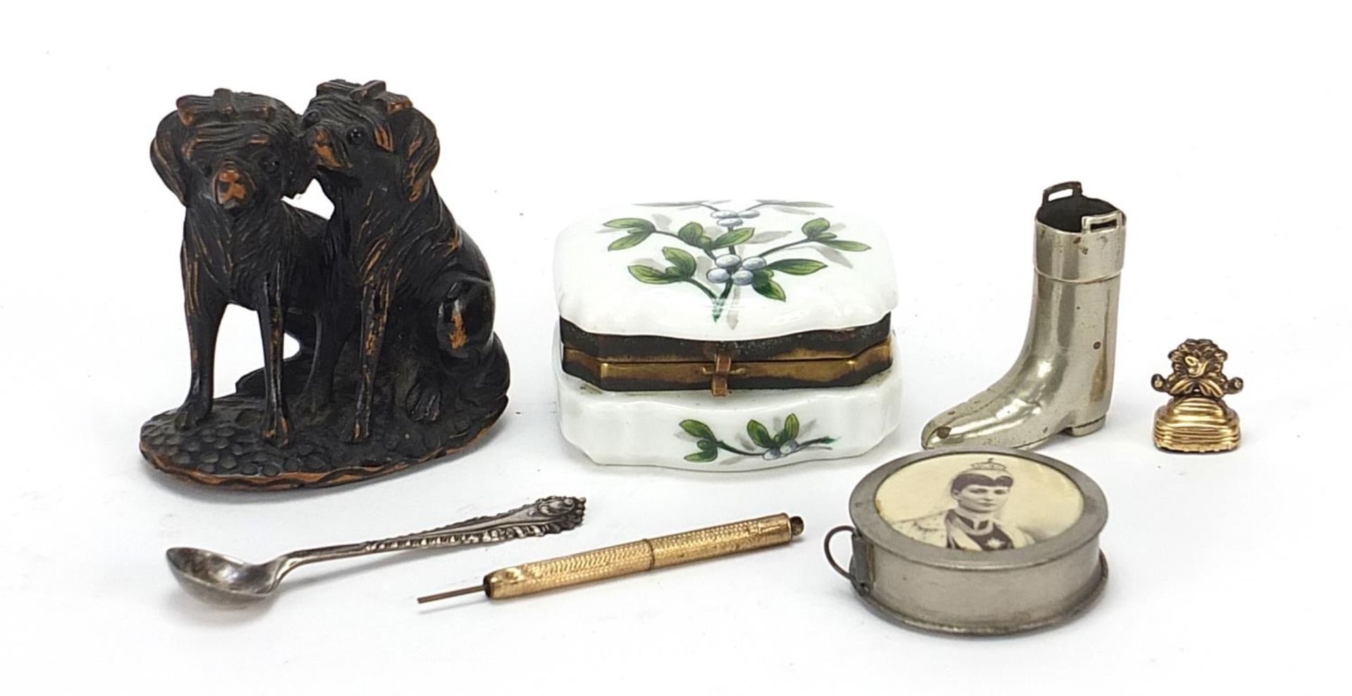 Objects to include an Edwardian tape measure with Queen Alexandra, silver mustard spoon, metal boot,