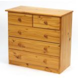 Pine effect five drawer chest, 76cm H x 79cm W x 40cm D