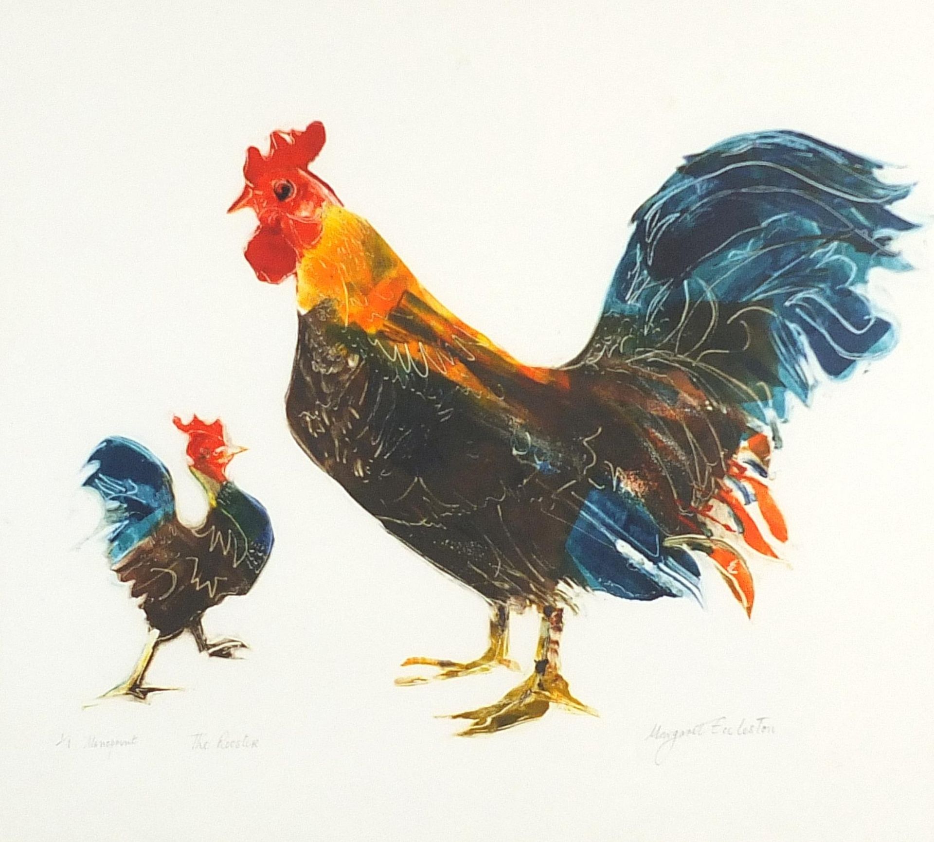 Margaret Eccleston - The rooster, pencil signed monoprint in colour, limited edition 1/1, mounted,