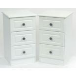 Pair of contemporary white three drawer bedside chests, each 69cm H x 40cm W x 40cm D